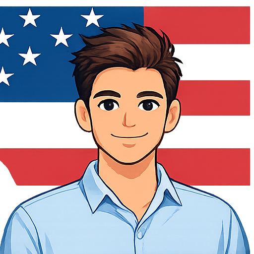 Аватар-иллюстрация клиента BM USA Proxy в голубой рубашке на фоне флага США