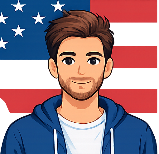 Аватар-иллюстрация бородатого клиента BM USA Proxy в синем худи на фоне флага США