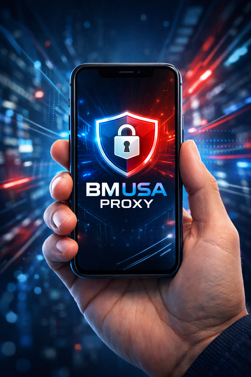 Рука со смартфоном, на экране — логотип BM USA Proxy в виде щита