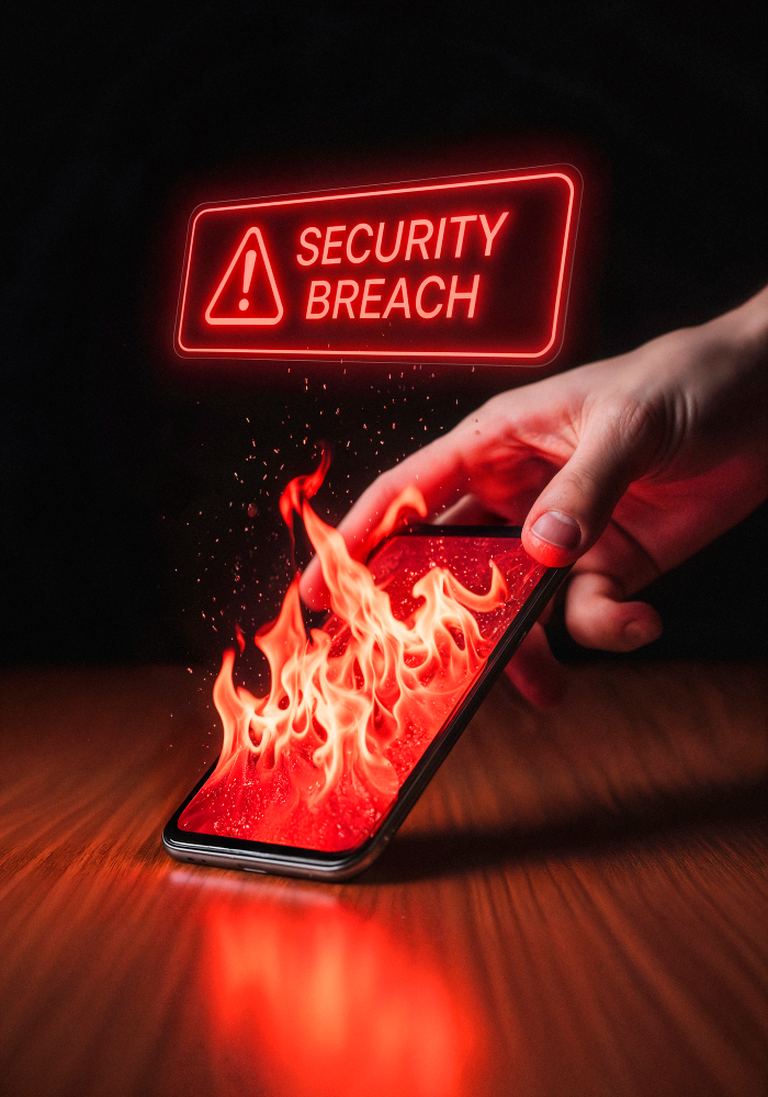Смартфон в огне с предупреждением SECURITY BREACH — риск блокировки аккаунта