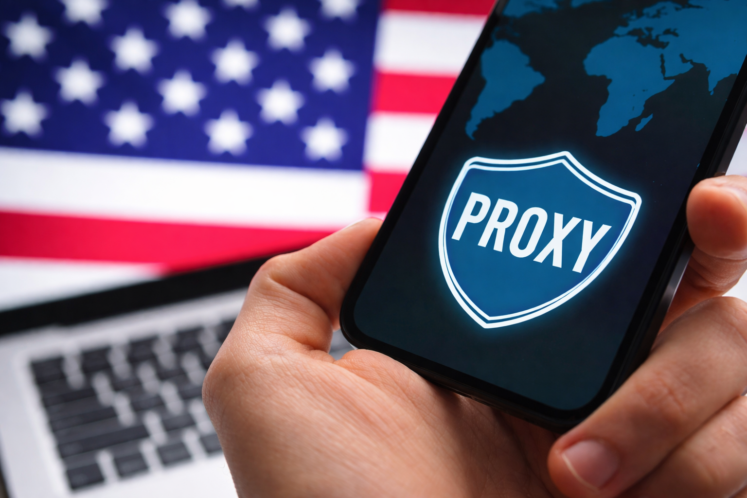 Смартфон со щитом PROXY на фоне флага США — мобильные прокси США