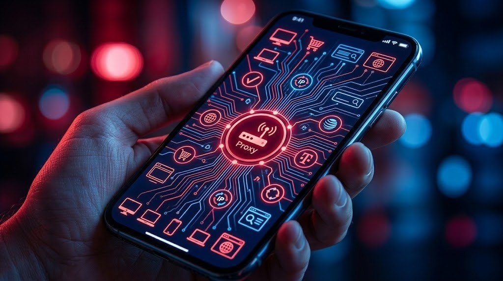 Рука со смартфоном и схемой сети — трафик через мобильный IP