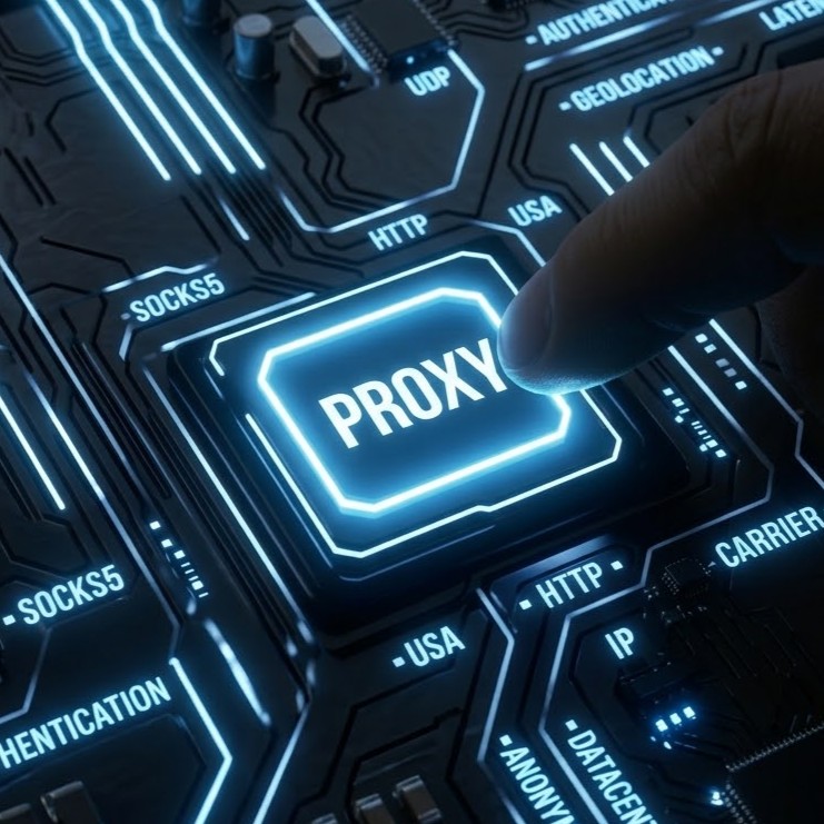 Палец нажимает клавишу PROXY среди надписей SOCKS5, HTTP и USA