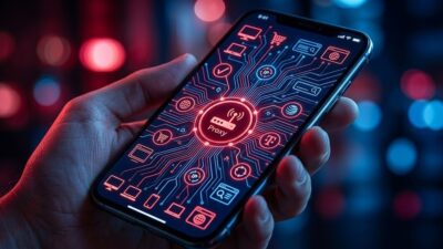 Рука со смартфоном и схемой сети — трафик через мобильный IP