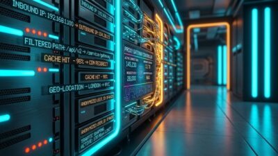 Коридор серверной с наложенными данными о трафике — ротация IP и геолокация